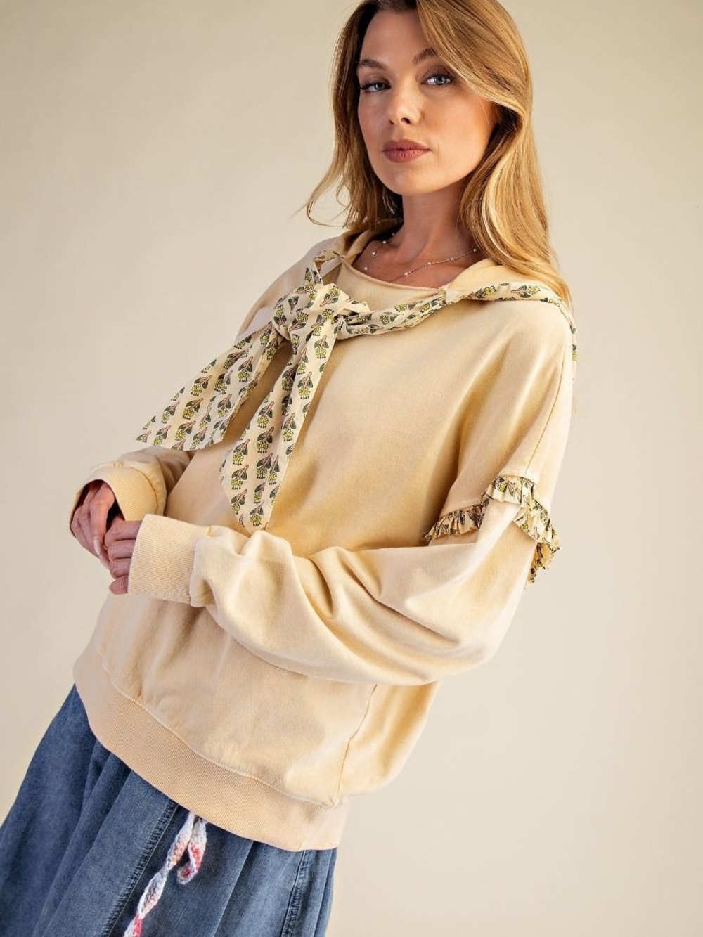 3-0908 Easel Cream Vintage Print Hooded Ruffle Tie-Neck Sweatshirt - Womens - Picture 5 of 5